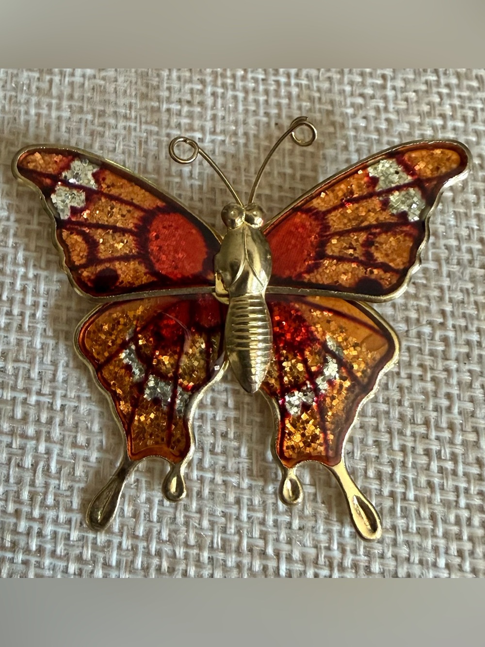 Y2K Butterfly Brooch Orange & White Glittery Hues on Gold Tone Metal